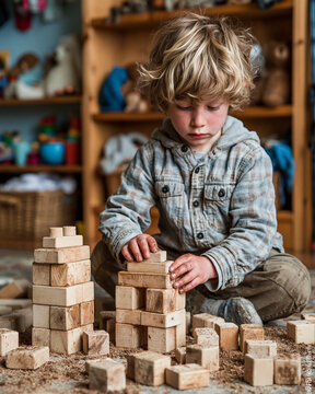 Child Playing with Wooden Blocks: Indoor Fun and Learning for Development and Creativity