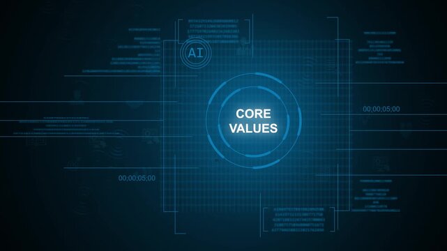 Futuristic artificial intelligence AI core values text concept inside glowing circular HUD digital UI interface with technology elements tracking over a dark blue background.