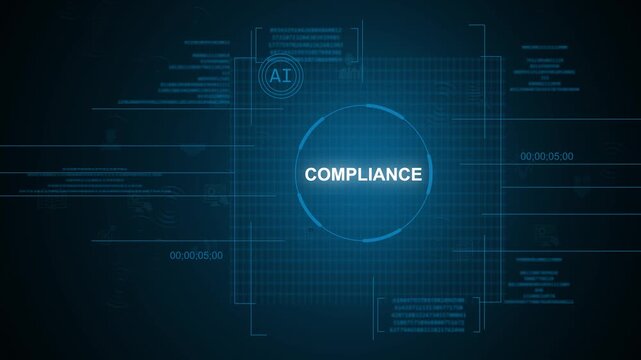 Futuristic AI compliance text concept inside glowing circular HUD digital UI interface with secure data streams tracking over a dark blue high-tech background.