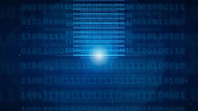 Abstract digital binary code streaming background with blue light flares and data processing motion