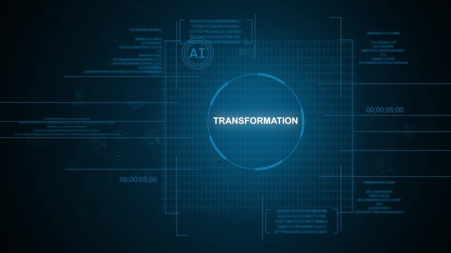 Futuristic AI transformation text concept inside glowing circular HUD digital UI interface with secure data streams tracking over a dark blue high-tech background.