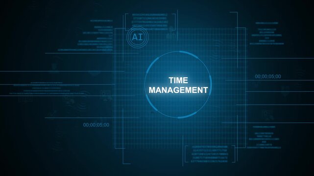 Futuristic AI time management text concept inside glowing circular HUD digital UI interface with data optimization streams tracking over a dark blue background.
