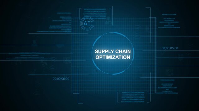 Futuristic artificial intelligence AI supply chain optimization text concept inside glowing circular HUD digital UI interface with technology elements tracking over a dark blue background.
