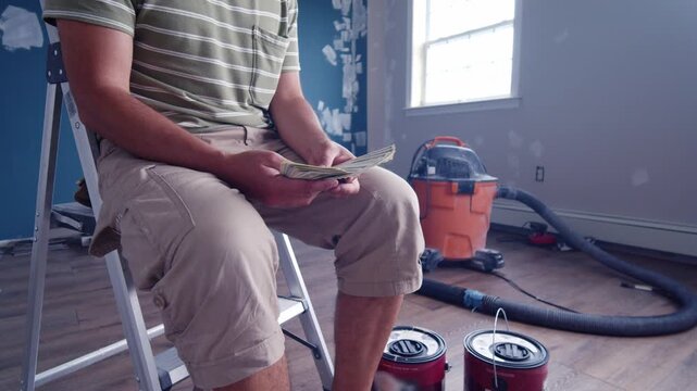 A man sits on a ladder, carefully counting dollar bills, assessing the budget needed for his home repair project while surrounded by tools and materials