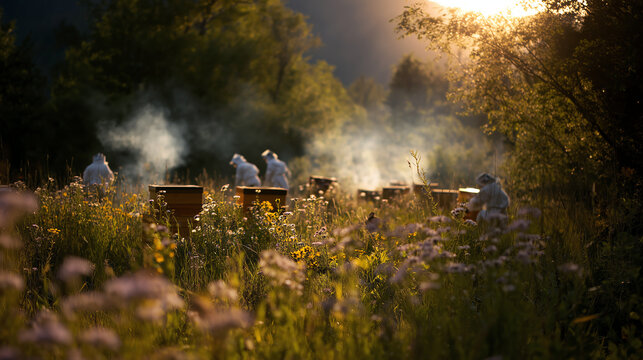 Beekeepers in white protective suits tend rows of wooden hives in a sunlit wildflower meadow as smoke drifts in golden evening light