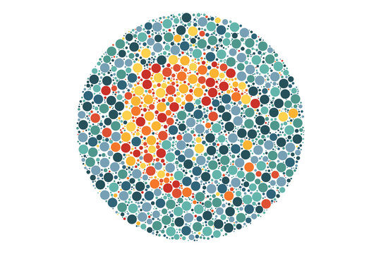 Ishihara test plate with red, orange, yellow, teal, and blue circles color blindness vision test