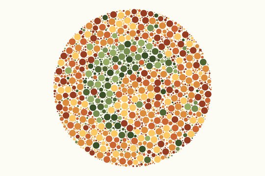 Ishihara test pattern with green 'e' shape formed by circles color blindness test eye exam