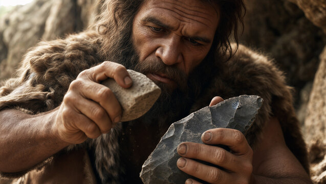 A focused prehistoric man knapping a flint stone to create a sharp tool or weapon, demonstrating early human ingenuity and primitive technology within a rocky cave environment.