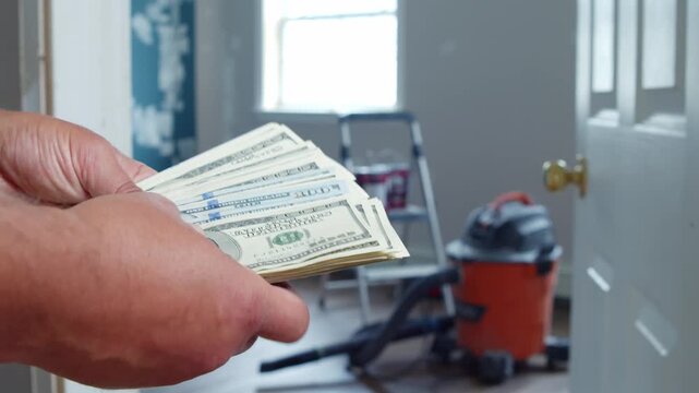 A man carefully counts dollar bills to determine how much he needs for materials in a home renovation. The atmosphere feels purposeful and organized