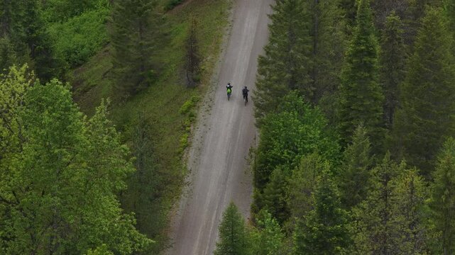 Aerial close up of bikers on Route of the Hiawatha Biking Trail on Idaho Montana border