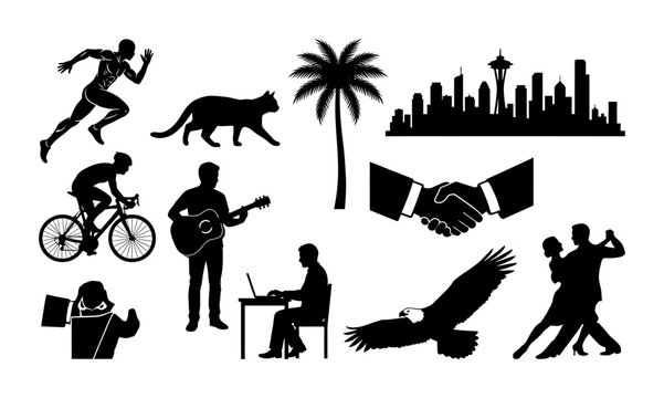 Silhouette collection of runner, panther, palm tree, city skyline, handshake, cyclist, guitarist, desk worker, bird, and dancing couple