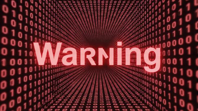 Digital binary code tunnel with glitch effects. Red warning text appearing in cyberspace. Cybersecurity and data breach concept