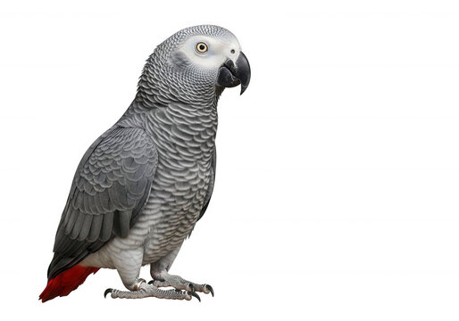 Gray african parrot looking attentive with red feet isolated on transparent background