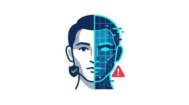 A persons face split between real and digital elements, highlighting risks in deepfake video technology for cybersecurity awareness