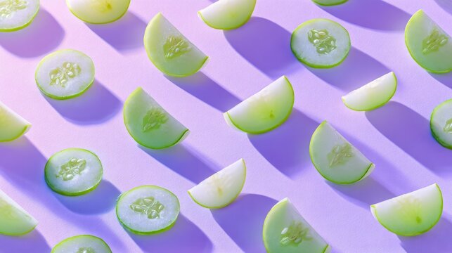 A minimalist composition of celery slices scattered across a pastel lavender background with soft gradient shadows