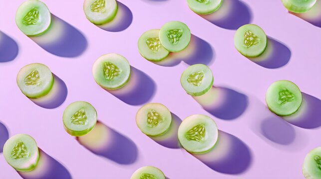 A minimalist composition of celery slices scattered across a pastel lavender background with soft gradient shadows