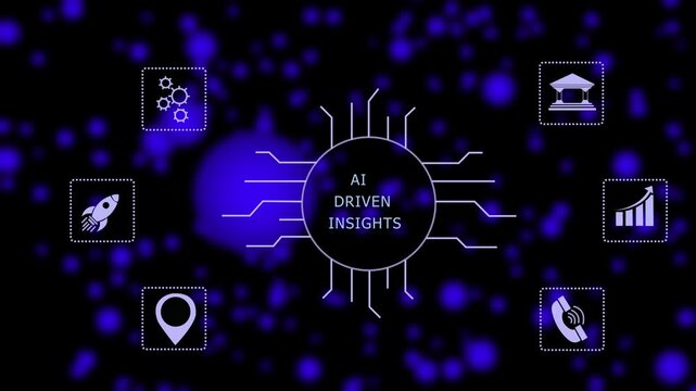 ai driven insights concept with circuit lines and digital symbols hovering above a businessman, technology. manufacturing process management all connected in a digital circle like pattern.