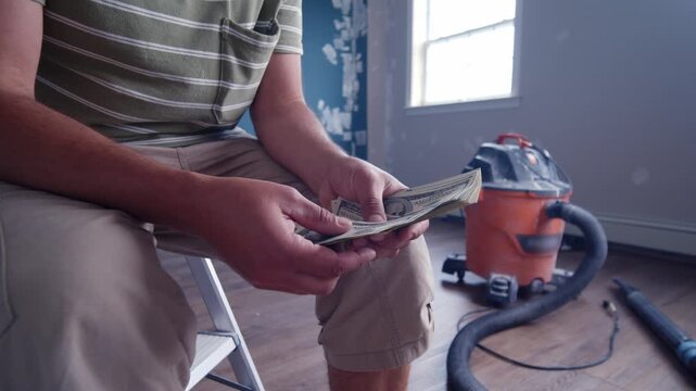 A man carefully counts his dollar bills, calculating how much he will spend on essential materials for his upcoming home renovation