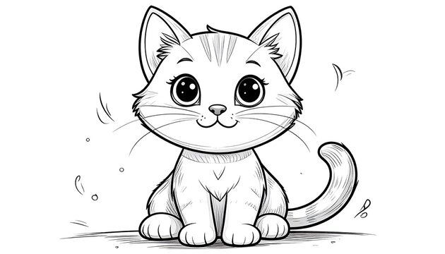 A cute cartoon kitten with big eyes and a fluffy tail