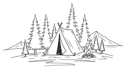 Camping scene with tent trees and campfire black and white vector illustration © MDAliAkbor