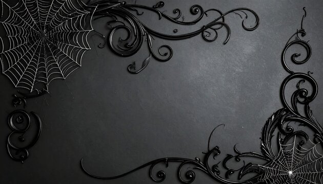 A dark, ornate border features spider webs and swirling patterns