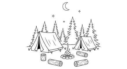 Camping scene with tent trees and campfire black and white vector illustration © MDAliAkbor