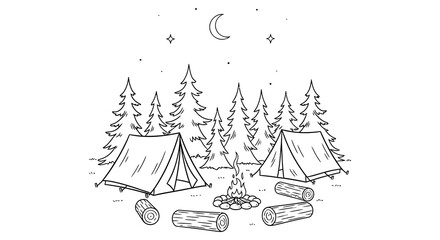 Camping scene with tent trees and campfire black and white vector illustration © MDAliAkbor