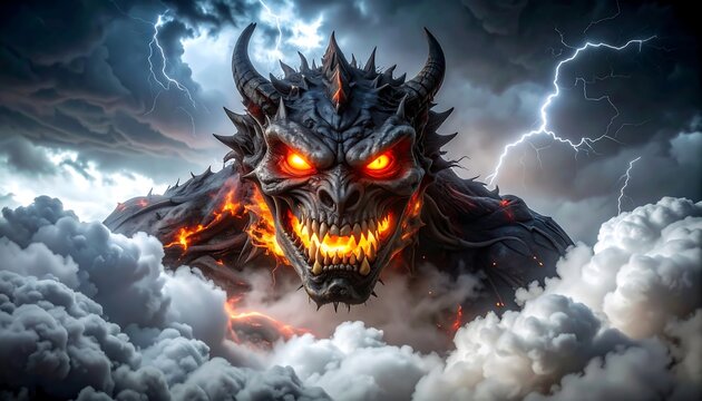 A dark creature with sharp teeth and horns emerges from cloudy stormy sky