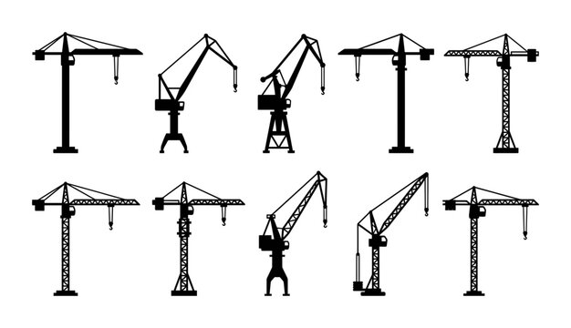 Silhouette collection of tower cranes, construction hoists, jib cranes, crane operators, and building site lifting equipment
