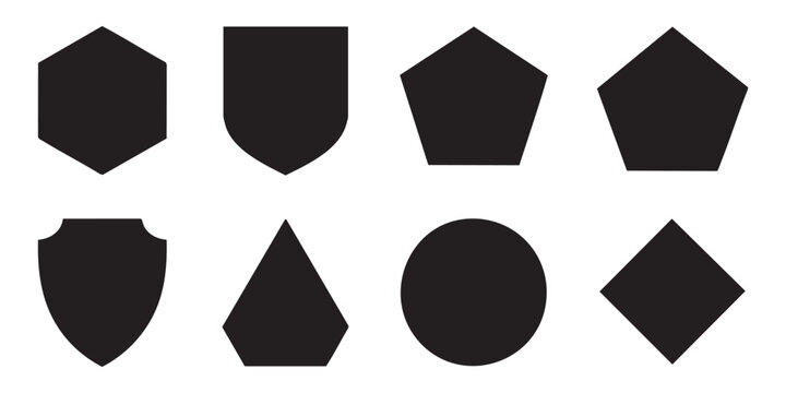 Diverse polygon shield forms and badge silhouettes for emblem creation and graphic design layouts.