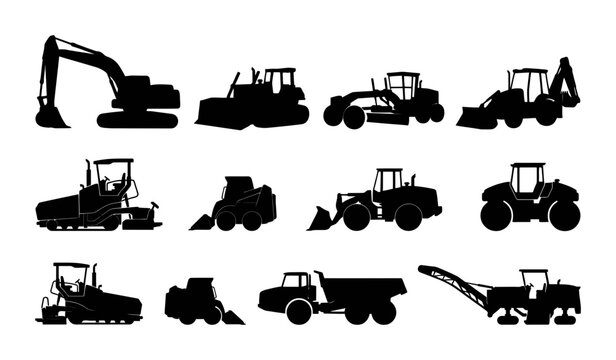 Silhouette collection of excavator, bulldozer, road roller, wheel loader, backhoe, dump truck, tractor, and site machinery
