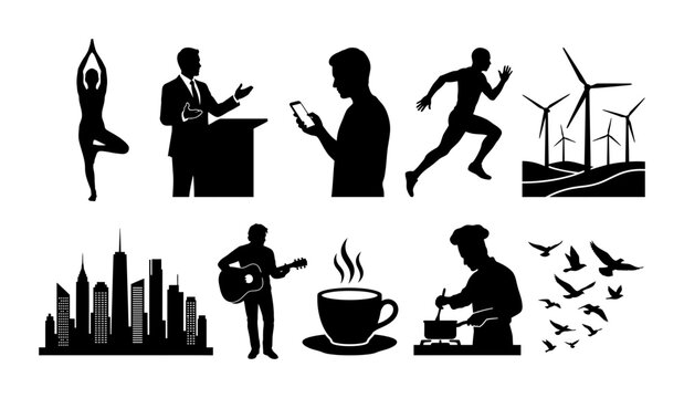 Silhouette collection of yoga pose, podium speaker, portrait figure, runner, wind turbines, city skyline, guitarist, coffee cup, seated worker, and bird flock