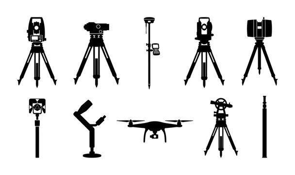 Silhouette collection of survey tripods, total station heads, level rods, drone, scanner stand, and geodetic measuring tools