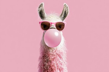 Obraz premium Llama with sunglasses blowing bubble gum against a pink background during daylight