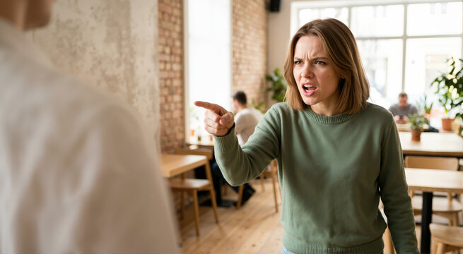 Angry young woman pointing finger and arguing with a person. Furious female expressing negative emotions and accusation in a cafe setting. Conflict concept