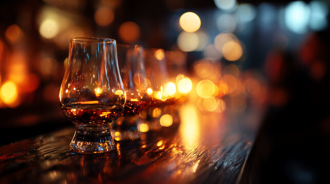 A row of crystal whiskey tasting glasses glows on a polished wooden bar with warm golden bokeh and the copper still softly blurred in the evening light