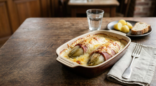 Chicon au gratin in a baking dish. Belgian endive wrapped in ham with melted cheese. Traditional vegetable gratin