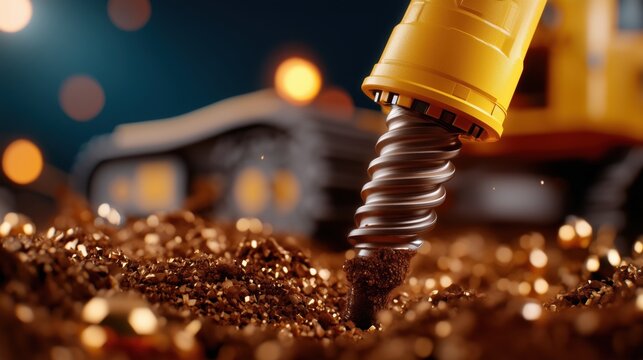 Close-up of an auger drill bit boring into soil at a construction site. Ground drilling, excavation, foundation work, engineering, heavy equipment and infrastructure concept