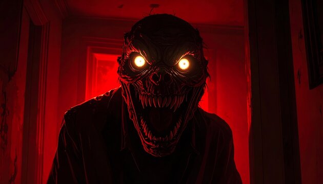 A dark figure with a grotesque mask and glowing eyes stands menacingly in a dimly lit hallway