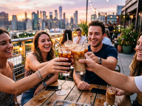Friends toasting iced coffee on rooftop with city skyline at sunset