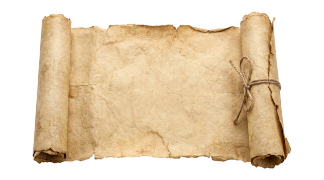 Antique aged vintage paper scroll document tied with simple rustic twine string for historical letter look.