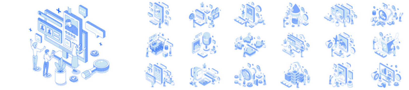 Mega set of isometric concepts. Contains such AI chat, business funnel, data center, marketing, recruitment, shopping, social networking, teamwork and more. Bundle isometry vector illustrations.