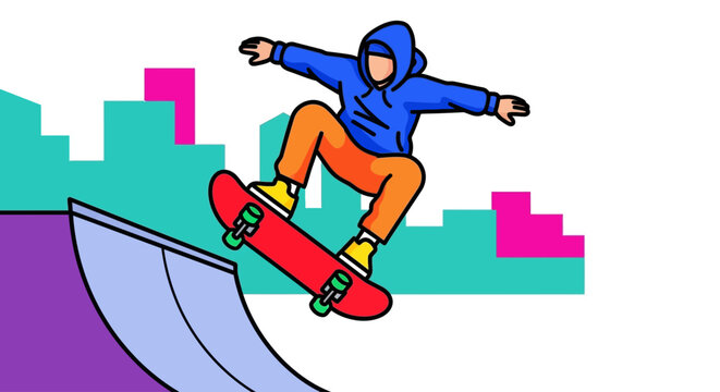 Teenager performing skateboard trick on ramp in city