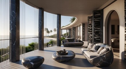 Obraz premium Luxury villa terrace with marble furniture overlooking the ocean. Modern outdoor living space with organic design. Tropical resort architecture for vacation and exotic travel lifestyle.