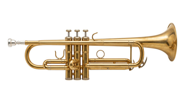 Golden musical trumpet instrument isolated on transparent background high resolution studio photography item.