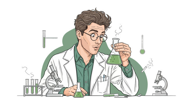 Scientist in lab coat working with green chemicals in laboratory