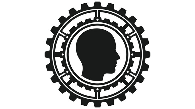 Human head profile within gear mechanism black silhouette
