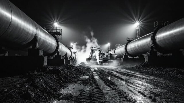 Black and white construction site at night with large pipeline structure illuminated by bright spotlights and a backhoe excavator