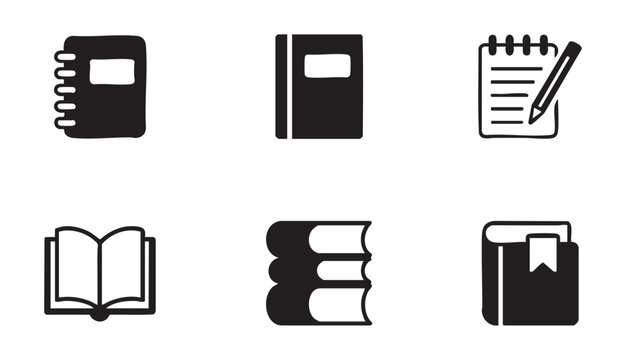 Collection of various notebook and book icons including journals stack and writing supplies design.