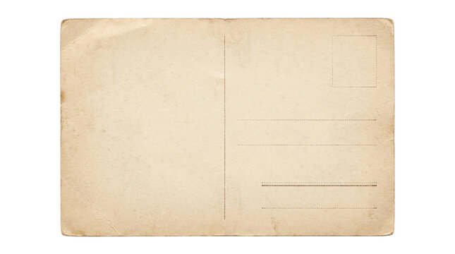 Vintage postcard reverse side with stamp box and address lines on aged isolated on transparent background.